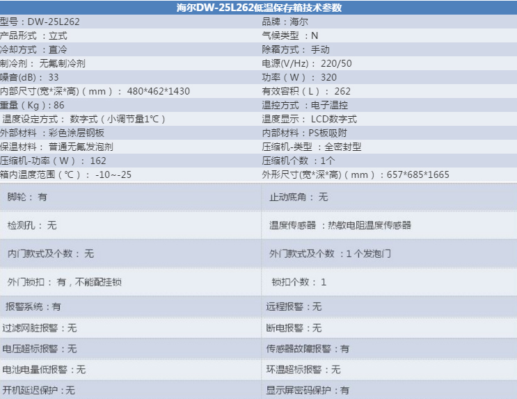 海尔医用低温保存箱 dw-25l262 电冰箱